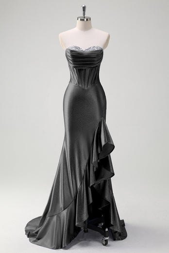 Glitzer Schwarz Korsett Satin Lange Abendkleid mit Rüschen Schlitz