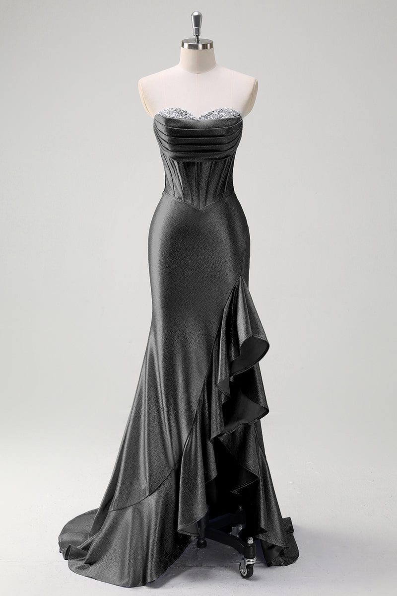 Laden Sie das Bild in den Galerie-Viewer, Glitzer Schwarz Korsett Satin Lange Abendkleid mit Rüschen Schlitz