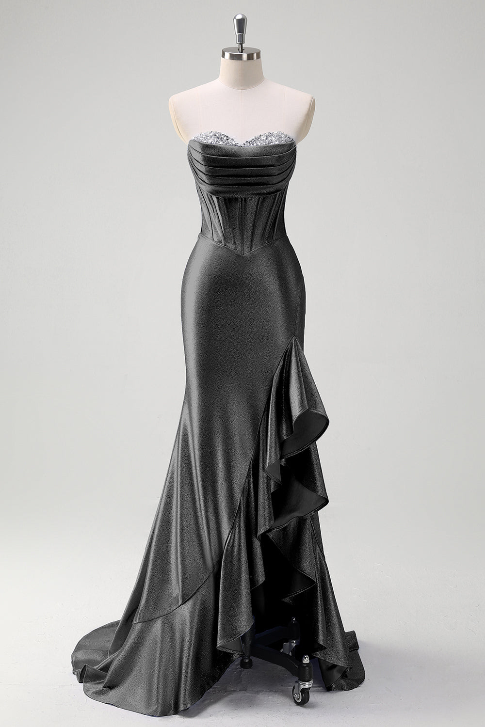 Glitzer Schwarz Korsett Satin Lange Abendkleid mit Rüschen Schlitz