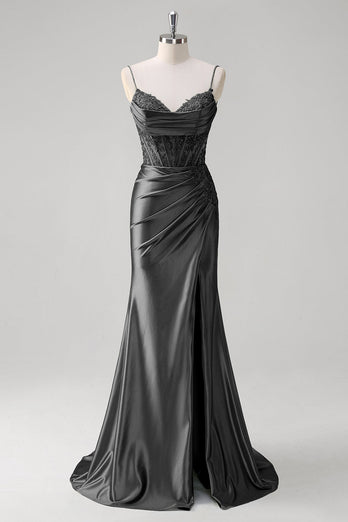 Grün Meerjungfrau Spaghettiträger Satin Korsett Langes Ballkleid mit Schlitz