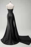 Laden Sie das Bild in den Galerie-Viewer, Glitzer Dunkelgrün Pailletten Spaghettiträger Lange Abendkleid mit Schlitz