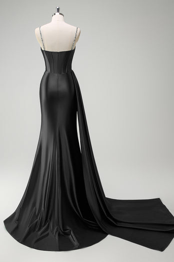 Glitzer Dunkelgrün Pailletten Spaghettiträger Lange Abendkleid mit Schlitz