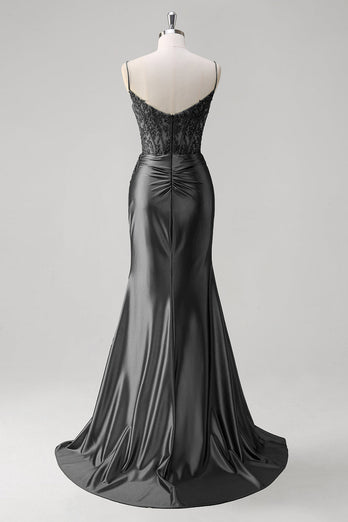Grün Meerjungfrau Spaghettiträger Satin Korsett Langes Ballkleid mit Schlitz