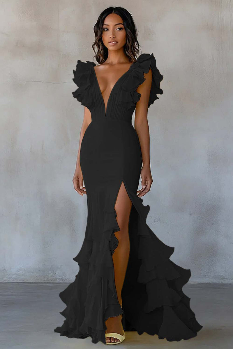 Laden Sie das Bild in den Galerie-Viewer, Gelb Chiffon Meerjungfrau Rüschen Lange Formelle Kleid mit Schlitz