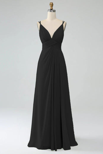 A-Linie Spaghettiträger V-Ausschnitt Plissee Chiffon langes Brautjungfernkleid