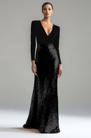 Laden Sie das Bild in den Galerie-Viewer, Leely Women Sparkly Black Velvet Sequin Dress Mermaid V-Neck Maxi Black Tie Dress with Sleeves Formal Dress Prom Dress