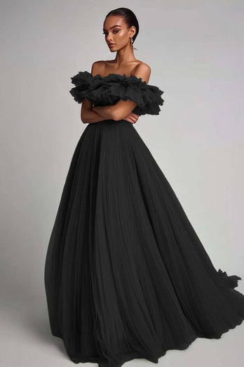 Salbeigrün Tüll A Linie Lange Formelle Kleid mit Rüschen