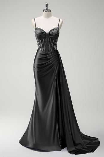 Glitzer Königsblau Korsett Meerjungfrau Lange Satin Abendkleid mit Schlitz