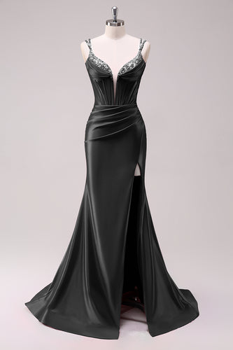 Glitzer Schwarz Korsett Spaghettiträger Lange Abendkleid mit Schlitz