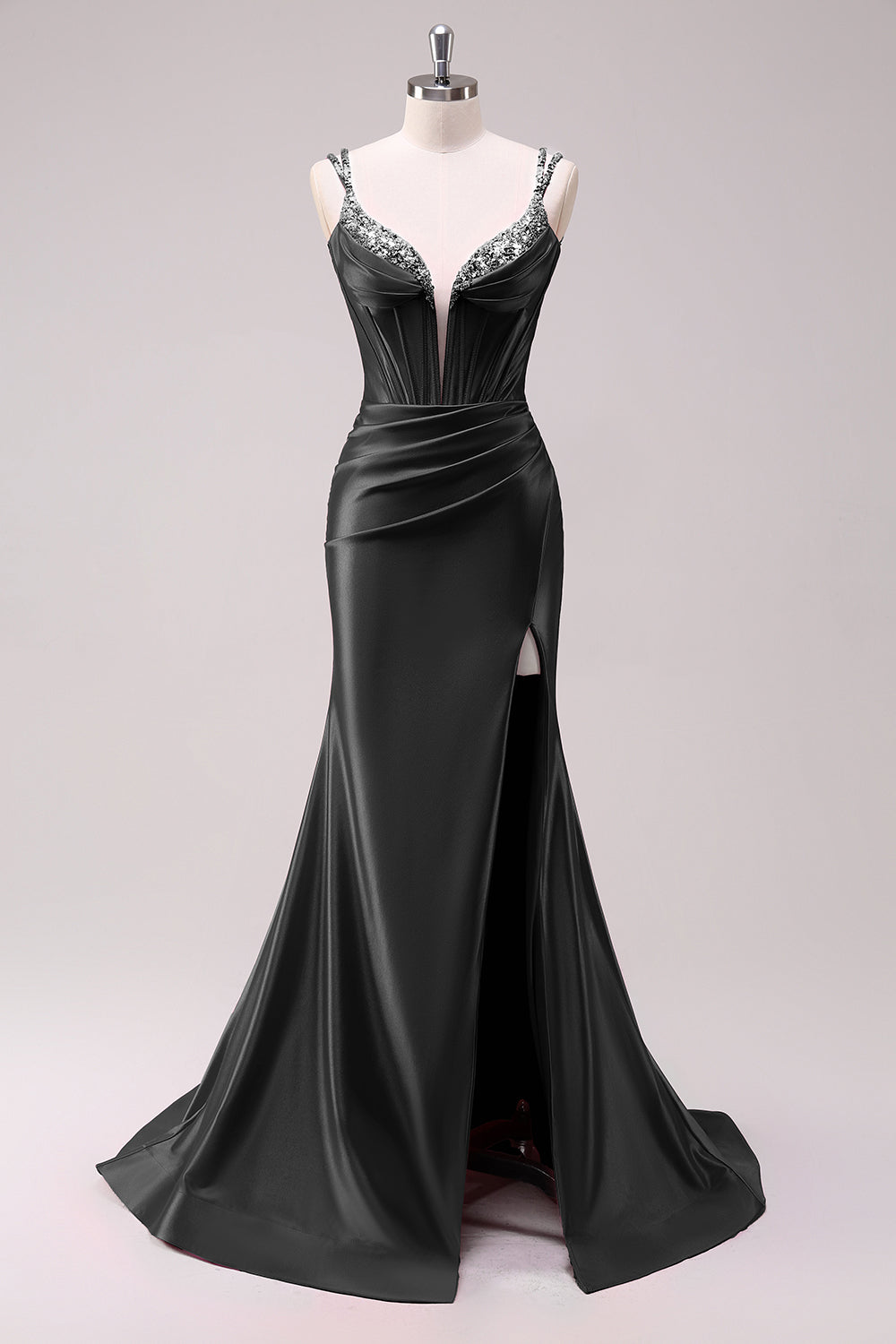 Glitzer Schwarz Korsett Spaghettiträger Lange Abendkleid mit Schlitz