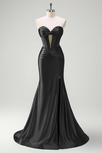Glitzer Schwarzes Korsett Perlen Schätzchen Lange Abendkleid