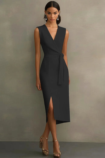 Weiß Bodycon Satin V Ausschnitt Mid Calf Semi Formelle Kleid mit Schlitz