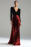 Laden Sie das Bild in den Galerie-Viewer, Leely Women Sparkly Blackn and Burgundy Velvet Sequin Dress Mermaid V-Neck Maxi Black Tie Dress with Sleeves Formal Dress Prom Dress