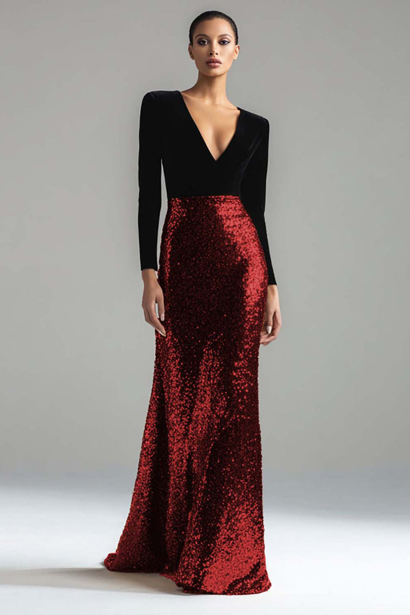 Laden Sie das Bild in den Galerie-Viewer, Leely Women Sparkly Blackn and Burgundy Velvet Sequin Dress Mermaid V-Neck Maxi Black Tie Dress with Sleeves Formal Dress Prom Dress