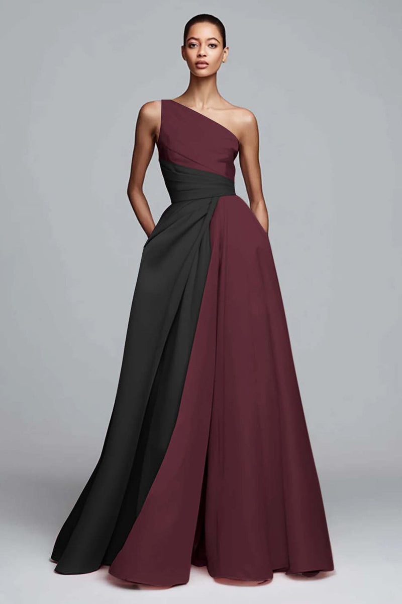 Laden Sie das Bild in den Galerie-Viewer, Leely Women Black and Cabernet Satin Maxi Formal Dress One Shoulder A Line Patchwork Party Dress Formal Weddig Guest Dress with Pockets Alternative Wedding Guest Dress