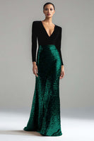 Laden Sie das Bild in den Galerie-Viewer, Leely Women Sparkly Black and Dark Green Velvet Sequin Dress Mermaid V-Neck Maxi Black Tie Dress with Sleeves Formal Dress Prom Dress