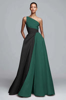 Laden Sie das Bild in den Galerie-Viewer, Leely Women Black and Dark Green Satin Maxi Formal Dress One Shoulder A Line Patchwork Party Dress Formal Weddig Guest Dress with Pockets Alternative Wedding Guest Dress
