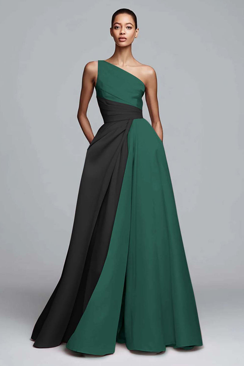 Laden Sie das Bild in den Galerie-Viewer, Leely Women Black and Dark Green Satin Maxi Formal Dress One Shoulder A Line Patchwork Party Dress Formal Weddig Guest Dress with Pockets Alternative Wedding Guest Dress