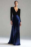 Laden Sie das Bild in den Galerie-Viewer, Leely Women Sparkly Black and Dark Navy Velvet Sequin Dress Mermaid V-Neck Maxi Black Tie Dress with Sleeves Formal Dress Prom Dress
