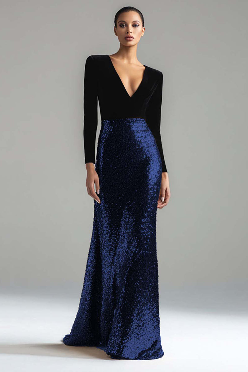 Laden Sie das Bild in den Galerie-Viewer, Leely Women Sparkly Black and Dark Navy Velvet Sequin Dress Mermaid V-Neck Maxi Black Tie Dress with Sleeves Formal Dress Prom Dress
