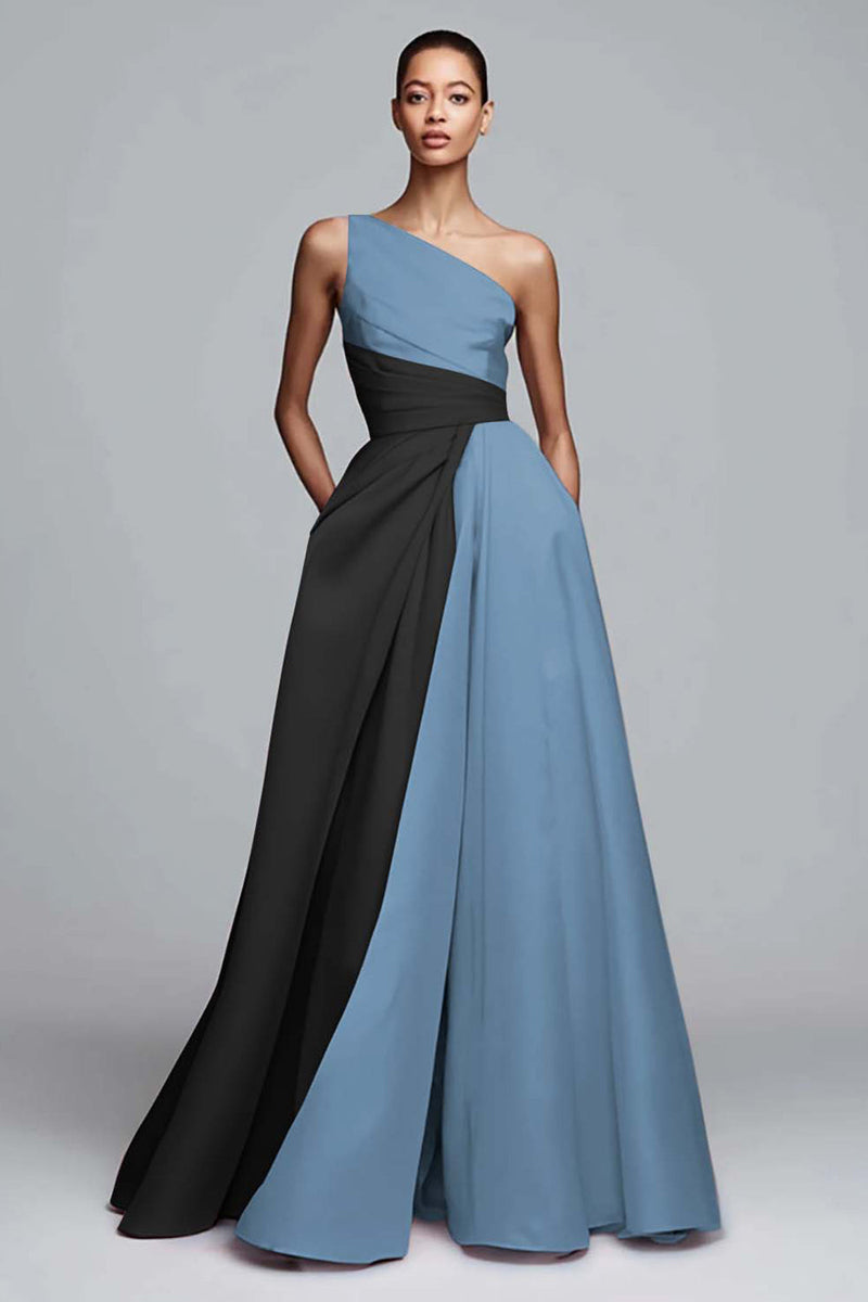 Laden Sie das Bild in den Galerie-Viewer, Leely Women Black and Dusty Blue Satin Maxi Formal Dress One Shoulder A Line Patchwork Party Dress Formal Weddig Guest Dress with Pockets Alternative Wedding Guest Dress