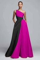 Laden Sie das Bild in den Galerie-Viewer, Leely Women Black and Fuchsia Satin Maxi Formal Dress One Shoulder A Line Patchwork Party Dress Formal Weddig Guest Dress with Pockets Alternative Wedding Guest Dress
