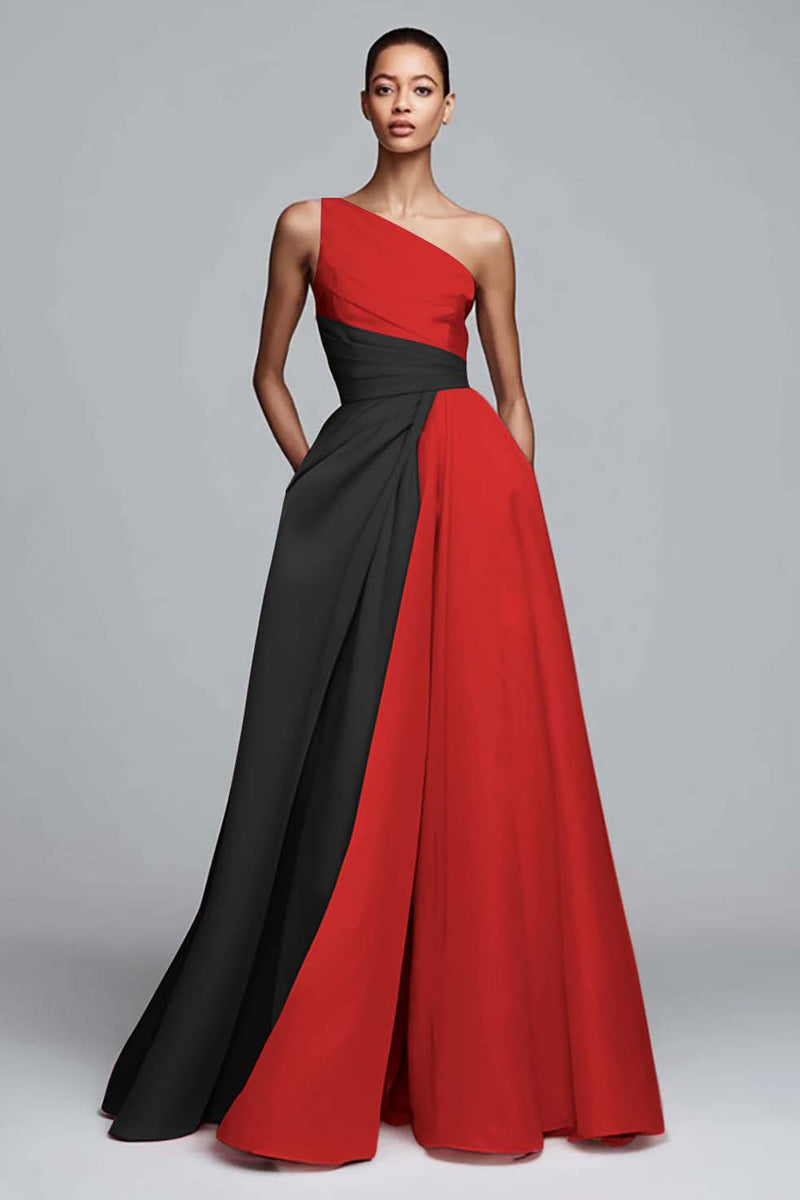 Laden Sie das Bild in den Galerie-Viewer, Leely Women Black and Red Satin Maxi Formal Dress One Shoulder A Line Patchwork Party Dress Formal Weddig Guest Dress with Pockets Alternative Wedding Guest Dress