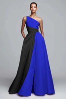 Laden Sie das Bild in den Galerie-Viewer, Leely Women Black and Royal Blue Satin Maxi Formal Dress One Shoulder A Line Patchwork Party Dress Formal Weddig Guest Dress with Pockets Alternative Wedding Guest Dress