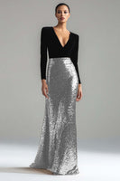 Laden Sie das Bild in den Galerie-Viewer, Leely Women Sparkly Silver and Black Velvet Sequin Dress Mermaid V-Neck Maxi Black Tie Dress with Sleeves Formal Dress Prom Dress