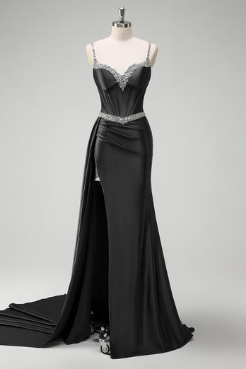 Glitzer Dunkelgrün Pailletten Spaghettiträger Lange Abendkleid mit Schlitz