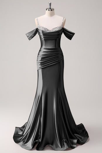 Glitzer Erröten Satin Schulterfrei Lange Abendkleid