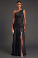Laden Sie das Bild in den Galerie-Viewer, One schulter Gold Etuikleid Gerafft Langes Abendkleid mit Schlitz