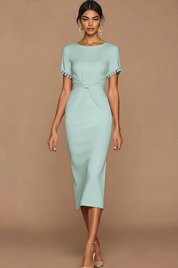 Laden Sie das Bild in den Galerie-Viewer, Weiß Bodycon Juwelenausschnitt Midi Standesamt Kleid mit Ärmel