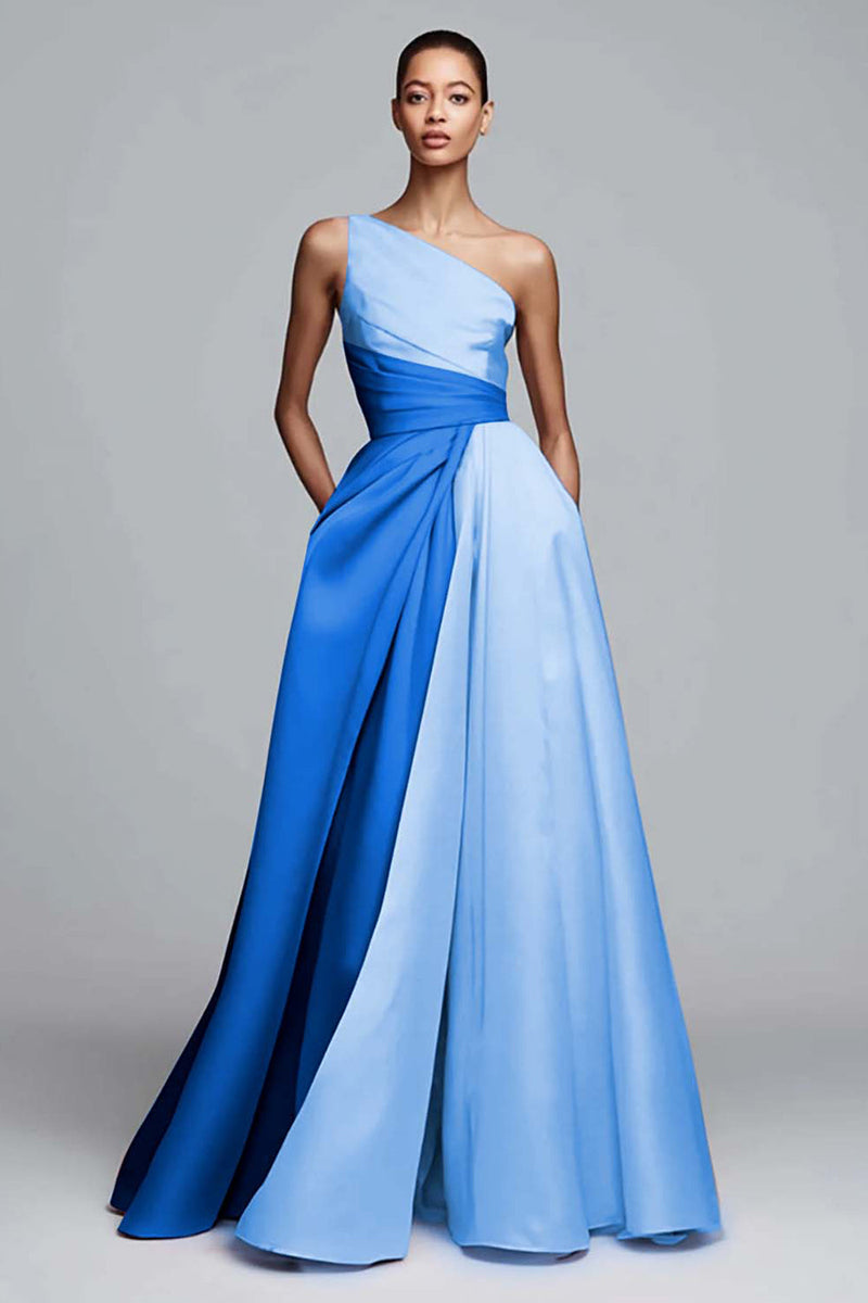 Laden Sie das Bild in den Galerie-Viewer, Leely Women Blue and Sky Blue Satin Maxi Formal Dress One Shoulder A Line Patchwork Party Dress Formal Weddig Guest Dress with Pockets Alternative Wedding Guest Dres