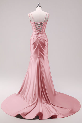 Glitzer Fuchsia Merjungfrau Spaghettiträger Korsett Lange Abendkleid mit Schlitz
