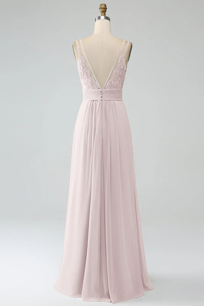 Laden Sie das Bild in den Galerie-Viewer, A-Linie Spaghettiträger V-Ausschnitt Plissee Chiffon langes Brautjungfernkleid
