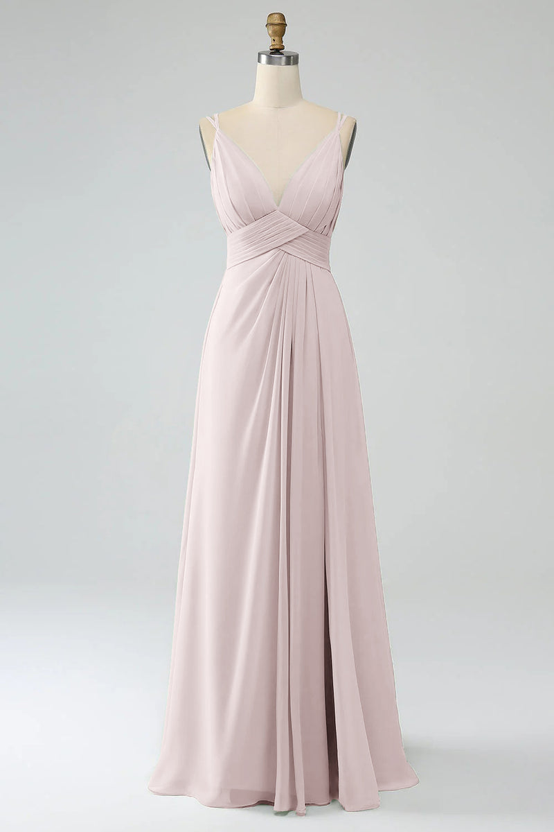 Laden Sie das Bild in den Galerie-Viewer, A-Linie Spaghettiträger V-Ausschnitt Plissee Chiffon langes Brautjungfernkleid