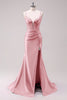 Laden Sie das Bild in den Galerie-Viewer, Glitzer Fuchsia Merjungfrau Spaghettiträger Korsett Lange Abendkleid mit Schlitz