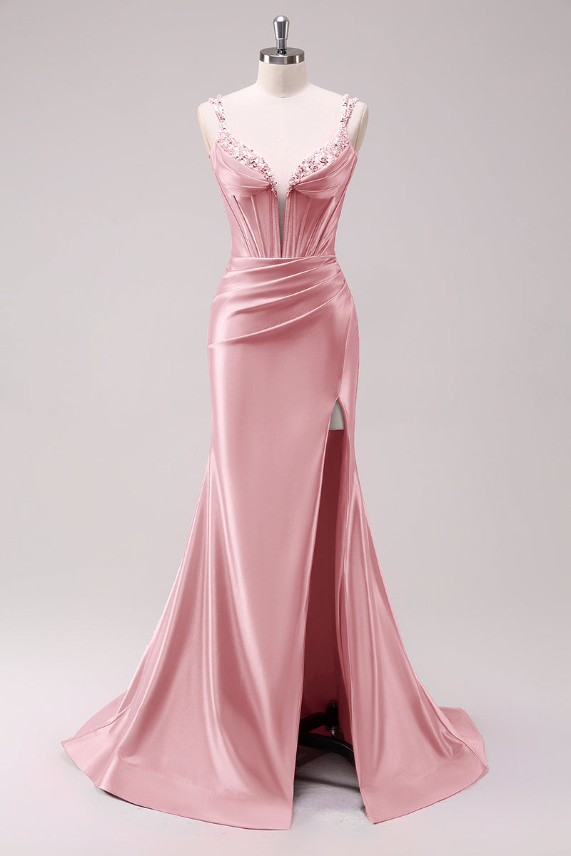 Laden Sie das Bild in den Galerie-Viewer, Glitzer Fuchsia Merjungfrau Spaghettiträger Korsett Lange Abendkleid mit Schlitz