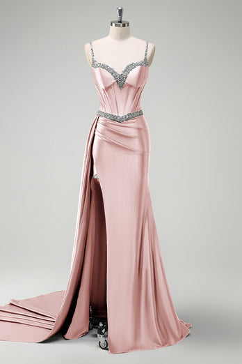 Glitzer Dunkelgrün Pailletten Spaghettiträger Lange Abendkleid mit Schlitz