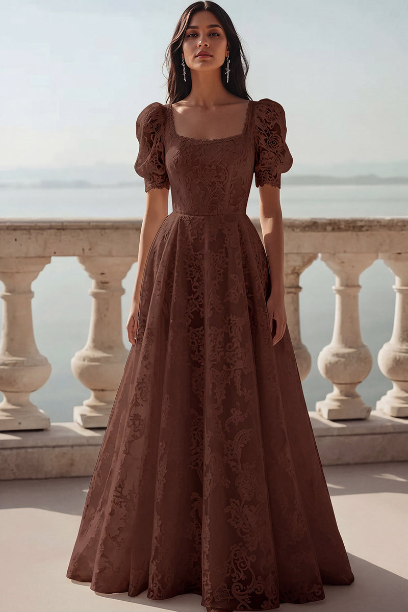 Laden Sie das Bild in den Galerie-Viewer, Weiß Spitze Eckiger Ausschnitt A-Linien Langes Brautkleid