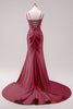 Laden Sie das Bild in den Galerie-Viewer, Glitzer Fuchsia Merjungfrau Spaghettiträger Korsett Lange Abendkleid mit Schlitz