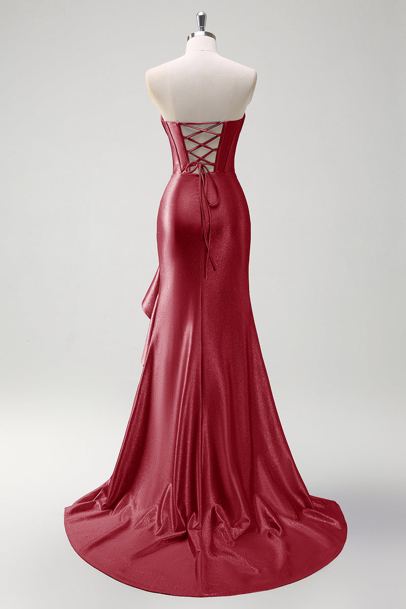 Laden Sie das Bild in den Galerie-Viewer, Glitzer Schwarz Korsett Satin Lange Abendkleid mit Rüschen Schlitz