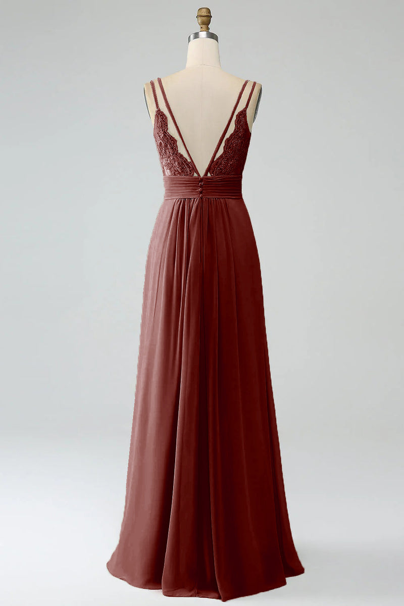 Laden Sie das Bild in den Galerie-Viewer, A-Linie Spaghettiträger V-Ausschnitt Plissee Chiffon langes Brautjungfernkleid