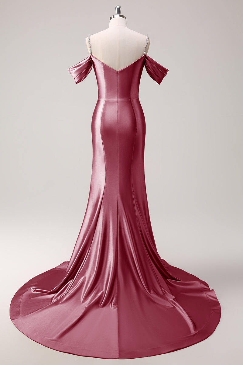 Laden Sie das Bild in den Galerie-Viewer, Glitzer Erröten Satin Schulterfrei Lange Abendkleid
