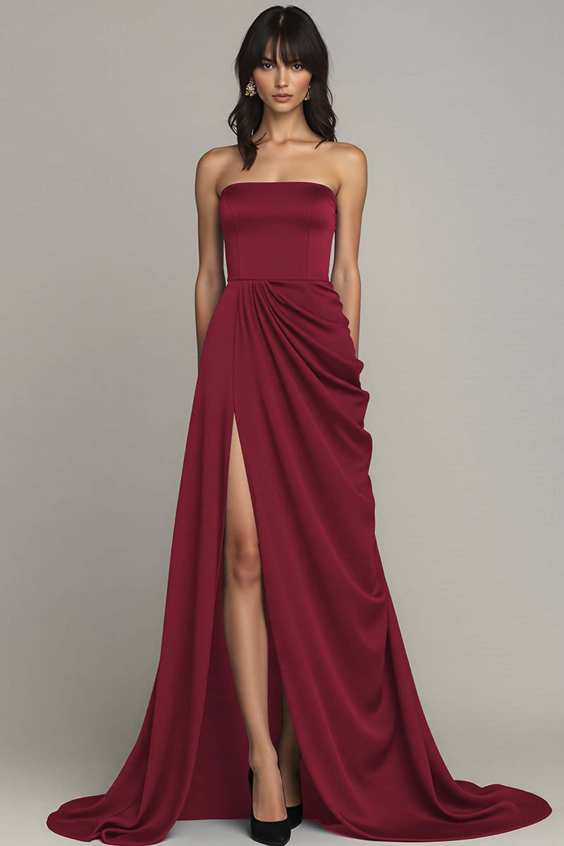 Laden Sie das Bild in den Galerie-Viewer, Schwarz Trägerlos Satin A Linie Lange Formelle Kleid mit Schlitz