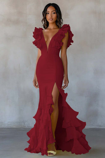 Gelb Chiffon Meerjungfrau Rüschen Lange Formelle Kleid mit Schlitz