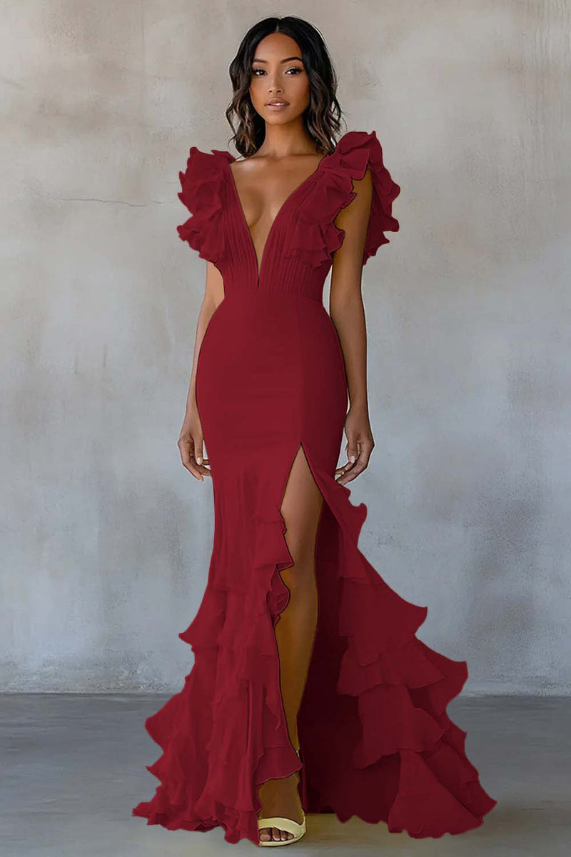 Laden Sie das Bild in den Galerie-Viewer, Gelb Chiffon Meerjungfrau Rüschen Lange Formelle Kleid mit Schlitz