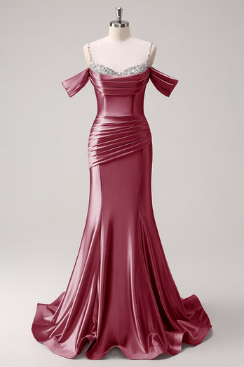 Glitzer Erröten Satin Schulterfrei Lange Abendkleid