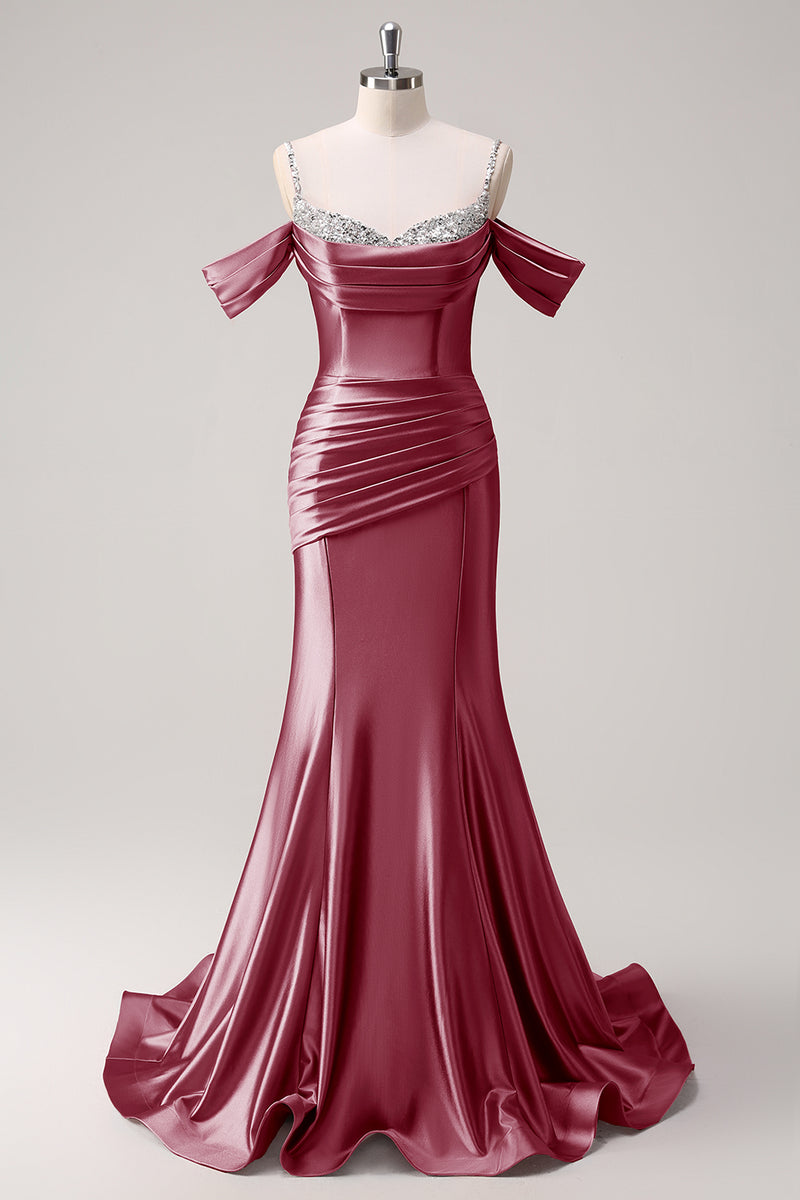 Laden Sie das Bild in den Galerie-Viewer, Glitzer Erröten Satin Schulterfrei Lange Abendkleid